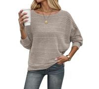 WNEEDU Pullover Damen Winter Elegant Dünne Fledermausärmel Strickpullover Langarm Geripptes Pulli Sweater Sweatshirt Langarmshirt Khaki XL