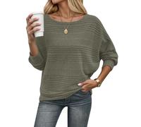 WNEEDU Pullover Damen Winter Elegant Dünne Fledermausärmel Strickpullover Langarm Geripptes Pulli Sweater Sweatshirt Langarmshirt Helles Armeegrün XL