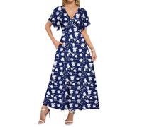 WNEEDU Sommerkleid Damen Lang Rüschenärmeln V-Ausschnitt Wickel Kleid Damen Sommer Maxikleid Elegant Empire-Taille Abendkleid mit Taschen Blumiges Blau Weiß XL