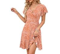 WNEEDU Sommerkleid Damen V Ausschnitt Kurzarm Wickelkleid Elegant Hohe Taille Strandkleid Sommer Leicht Luftig Freizeitkleid Orangen Blatt S