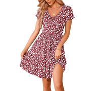 WNEEDU Sommerkleider Damen V Ausschnitt Kurzarm Strandkleid Elegante Knielange Freizeitkleid Taillenbetontes Midikleid mit Taschen Floral Rot L