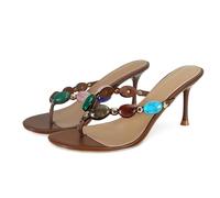 Wnshonzy Damen Riemchensandalen mit Absatz, Zehentrenner mit Schmucksteinen, Flip-Flop, Kätzchen-Absätze, Slip-On-Pumps mit Stiletto, elegante Sommerpantolette, hoher Absatz, runder offener