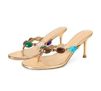 Wnshonzy Damen-Sandalen mit Absatz, Zehentrenner, Flip-Flop, Juwelen, Kätzchen-Absätze, elegante Riemchen, Sommerpantoletten, hoher Absatz, runder offener Zehenbereich, modisch, lässig, Gold, 36 EU