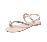 Woaikeyu Damen-Sandalen, modisch, Sommer, Perlen, dekorativ, Leder, Verschluss, offener Zehenbereich, flache Sandalen, beige, 41 EU