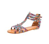 Woaikeyu Flache Sandalen für Damen, Sommer, Vintage, offene Zehe, Ethno-Sandalen, Gladiator, Rosa, 40 EU
