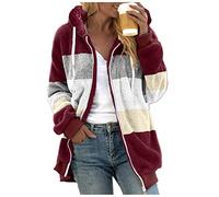 Woaikeyu Fleecejacke für Damen, warm, Winter, Kapuzenpullover, Plüsch, mit Farbblock, lässig, für Damen, modischer Mantel, Burgunderrot, 38