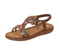 Woaikeyu Modische Damen-Sandalen, bequem, Boho, Strandschuhe, Strass, Perlen, offener Zehenbereich, niedrige Absätze, braun, 37 EU