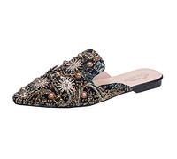 Woaikeyu Sommer- und Herbstmode für Damen, Pumps, niedriger Absatz, flache Spitze, Perlen, Strass, bunt, bedruckt, halbe Pantoffeln, rutschfest, Schuhe, blau, 40 EU