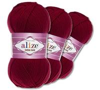 Wohnkult Alize 3 x 100 g Cotton Gold Premium Wolle 59 Farben Sommerwolle Garn Stricken Amigurumi Ganzjahreswolle (57 | Bordeaux)