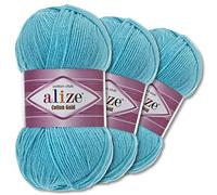 Wohnkult Alize 3 x 100 g Cotton Gold Premium Wolle 59 Farben Sommerwolle Garn Stricken Amigurumi Ganzjahreswolle (287 | Türkis)