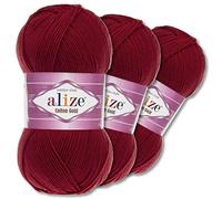 Wohnkult Alize 3 x 100 g Cotton Gold Premium Wolle 59 Farben Sommerwolle Garn Stricken Amigurumi Ganzjahreswolle (390 | Kirschrot)