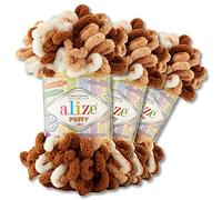 Wohnkult Alize 3x100 g Puffy Color Premium Wolle 26 Farbkombinationen Chenille Handarbeit Stricken und Häkeln ohne Hilfsmittel Smart Yarn (6398)