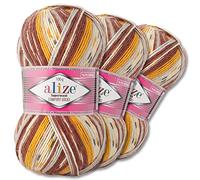 Wohnkult Alize 3x100g Superwash Comfort Sockenwolle 33 Farben zur Auswahl EIN-/Mehrfarbig Pullover Kleidung Wolle (7652)