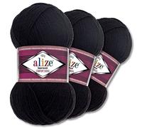 Wohnkult Alize 3x100g Superwash Comfort Sockenwolle 33 Farben zur Auswahl EIN-/Mehrfarbig Pullover Kleidung Wolle (60 | Schwarz)