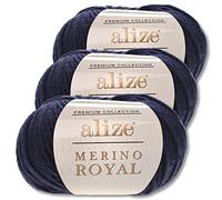 Wohnkult Alize 3x50 g Merino Royal 100% Merinowolle 9 Farben zur Auswahl Superwash Wolle Warmer (58 | Dunkelblau)
