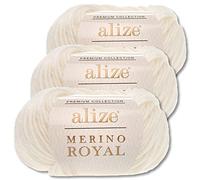 Wohnkult Alize 3x50 g Merino Royal 100% Merinowolle 9 Farben zur Auswahl Superwash Wolle Warmer (62 | Creme)