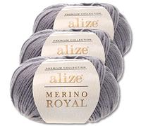Wohnkult Alize 3x50 g Merino Royal 100% Merinowolle 9 Farben zur Auswahl Superwash Wolle Warmer (87 | Dunkelgrau)