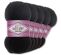 Alize 5 x 100 g Cotton Gold Premium Wolle| 39 Farben Sommerwolle Garn Stricken Amigurumi (60 | Schwarz)
