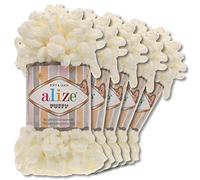 Alize 5 x 100 g Puffy Wolle Chenille Schlaufenwolle Häkeln und Stricken ohne Hilfsmittel Kleidung Accesoire Decken Teppiche (62 | Hellcreme)