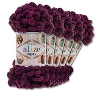 Wohnkult Alize 5 x 100 g Puffy Wolle Chenille Schlaufenwolle Häkeln und Stricken ohne Hilfsmittel Kleidung Accesoire Decken Teppiche (111 | Pflaume)