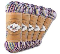 Wohnkult Alize 5 x 100 g Superwash Artisan Sockenwolle Premium 16 Auswahl Kontrast Häkeln Stricken (9003)