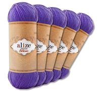 Wohnkult Alize 5 x 100 g Superwash Artisan Sockenwolle Premium 16 Auswahl Kontrast Häkeln Stricken (44 | Lila)