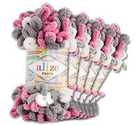 Wohnkult Alize 5x100 g Puffy Color Premium Wolle 26 Farbkombinationen Chenille Handarbeit Stricken und Häkeln ohne Hilfsmittel Smart Yarn (6070)