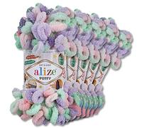 Wohnkult Alize 5x100 g Puffy Color Premium Wolle 26 Farbkombinationen Chenille Handarbeit Stricken und Häkeln ohne Hilfsmittel Smart Yarn (5938)