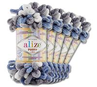 Wohnkult Alize 5x100 g Puffy Color Premium Wolle 26 Farbkombinationen Chenille Handarbeit Stricken und Häkeln ohne Hilfsmittel Smart Yarn (6075)