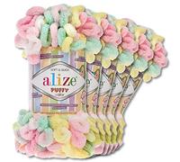Wohnkult Alize 5x100 g Puffy Color Premium Wolle 26 Farbkombinationen Chenille Handarbeit Stricken und Häkeln ohne Hilfsmittel Smart Yarn (5862)