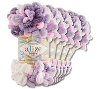 Wohnkult Alize 5x100 g Puffy Color Premium Wolle 26 Farbkombinationen Chenille Handarbeit Stricken und Häkeln ohne Hilfsmittel Smart Yarn (6305)