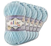 Wohnkult Alize 5x100 g Velluto Premium Wolle 30 Auswahl Chenillegarn Samtwolle Amigurumi Decken Accessore Kleidung DIY (414 | Azurblau)
