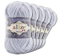 Wohnkult Alize 5x100 g Velluto Premium Wolle 30 Auswahl Chenillegarn Samtwolle Amigurumi Decken Accessore Kleidung DIY (416 | Grau)