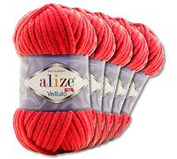 Wohnkult Alize 5x100 g Velluto Premium Wolle 30 Auswahl Chenillegarn Samtwolle Amigurumi Decken Accessore Kleidung DIY (56 | Rot)