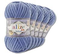 Wohnkult Alize 5x100 g Velluto Premium Wolle 30 Auswahl Chenillegarn Samtwolle Amigurumi Decken Accessore Kleidung DIY (374 | Denim)