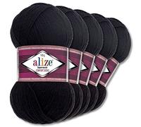 Wohnkult Alize 5x100g Superwash Comfort Sockenwolle 33 Farben zur Auswahl EIN-/Mehrfarbig (60 | Schwarz)