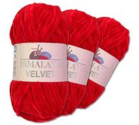 Wohnkult Himalaya 3 x 100 g Velvet Dolphin Wolle 40 Farben zur Auswahl Chenille Strickgarn Flauschwolle Glanz Accessoire Kleidung Decken (90018 | Rot)