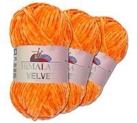 Wohnkult Himalaya 3 x 100 g Velvet Dolphin Wolle 40 Farben zur Auswahl Chenille Strickgarn Flauschwolle Glanz Accessoire Kleidung Decken (90016 | Kürbis)