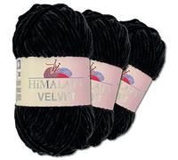 Wohnkult Himalaya 3 x 100 g Velvet Dolphin Wolle 40 Farben zur Auswahl Chenille Strickgarn Flauschwolle Glanz Accessoire Kleidung Decken (90011 | Schwarz)