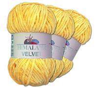 Wohnkult Himalaya 3 x 100 g Velvet Dolphin Wolle 40 Farben zur Auswahl Chenille Strickgarn Flauschwolle Glanz Accessoire Kleidung Decken (90013 | Gelb)