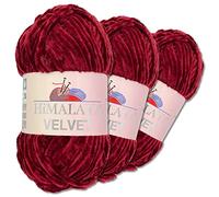 Wohnkult Himalaya 3 x 100 g Velvet Dolphin Wolle 40 Farben zur Auswahl Chenille Strickgarn Flauschwolle Glanz Accessoire Kleidung Decken (90022 | Kirschrot)