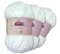 Wohnkult Himalaya 3 x 100 g Velvet Dolphin Wolle 40 Farben zur Auswahl Chenille Strickgarn Flauschwolle Glanz Accessoire Kleidung Decken (90001 | Schneeweiß)