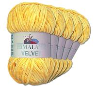 Wohnkult Himalaya 5 x 100 g Velvet Dolphin Wolle 40 Farben zur Auswahl Chenille Strickgarn Glanz Flauschgarn Accessoire Kleidung (90013 | Gelb)