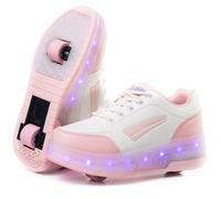 WOHS Turnschuhe mit Zwei Rädern und LED-Leuchten. Wiederaufladbar, 16 Lichteffekte. Automatisches Hinterrad. Weiß/Blassrosa. Größe 29