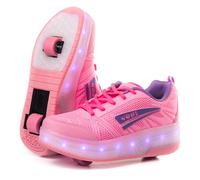 WOHS Turnschuhe mit Zwei Rädern und LED-Leuchten. Wiederaufladbar, 16 Lichteffekte. Automatisches Hinterrad. Rosa/Flieder. Größe 33