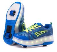 WOHS Turnschuhe mit Zwei Rädern und LED-Leuchten. Wiederaufladbar, 16 Lichteffekte. Automatisches Hinterrad. Blau/Grün. Größe 31