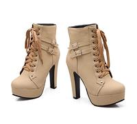 WOilERQ Damen Ankle Booties Platform Lace Up Buckle Chunky High Heel Knight Boots Gürtelschnalle Sexy Round Toe Mid Wadenstiefel Punk Cosplay,Beige,34