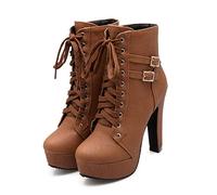 WOilERQ Damen Ankle Booties Platform Lace Up Buckle Chunky High Heel Knight Boots Gürtelschnalle Sexy Round Toe Mid Wadenstiefel Punk Cosplay,Braun,42