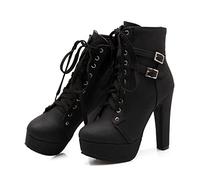 WOilERQ Damen Ankle Booties Platform Lace Up Buckle Chunky High Heel Knight Boots Gürtelschnalle Sexy Round Toe Mid Wadenstiefel Punk Cosplay,Schwarz,45