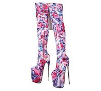 WOilERQ Damen Overknee-Stiefel, Plateau-Stiletto-Absatz-Stiefeletten mit Reißverschluss, Ethno-Print, High Heels, sexy Fetisch-Pole-Dance-Stripper, Unisex-Schuhe,Rosa,44